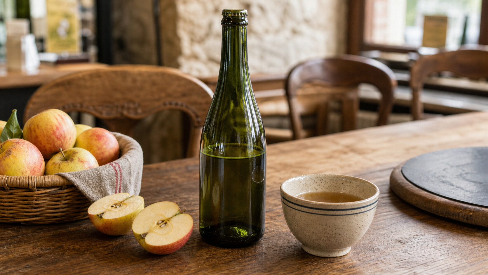 Bouteille de cidre et bolée posées près de pommes à cidre