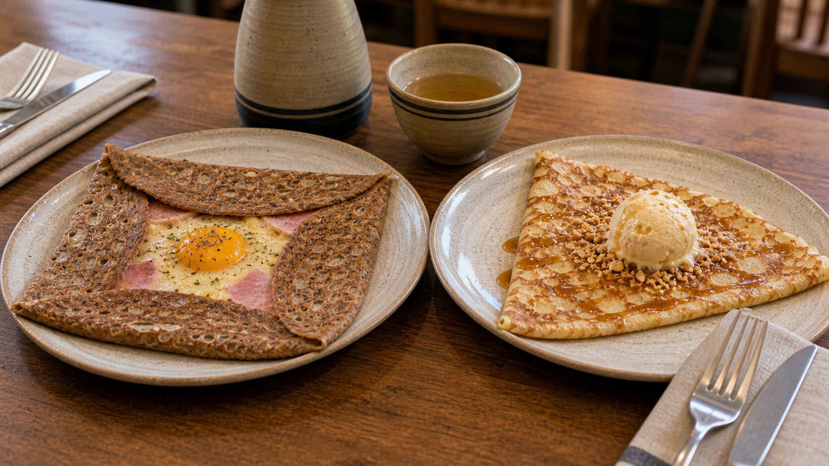 Galette salée et crêpe sucrée servies côte à côte